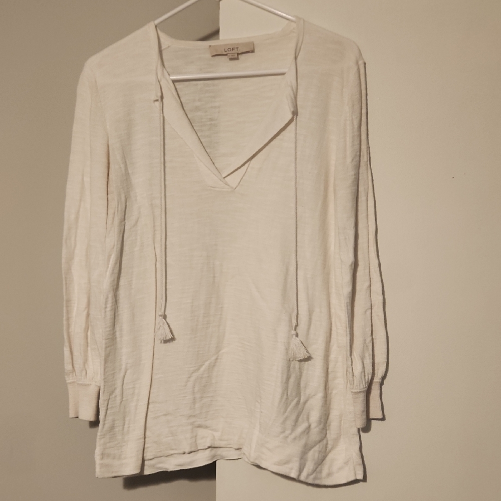 LOFT Cream Tie Front Blouse Relaxed Fit